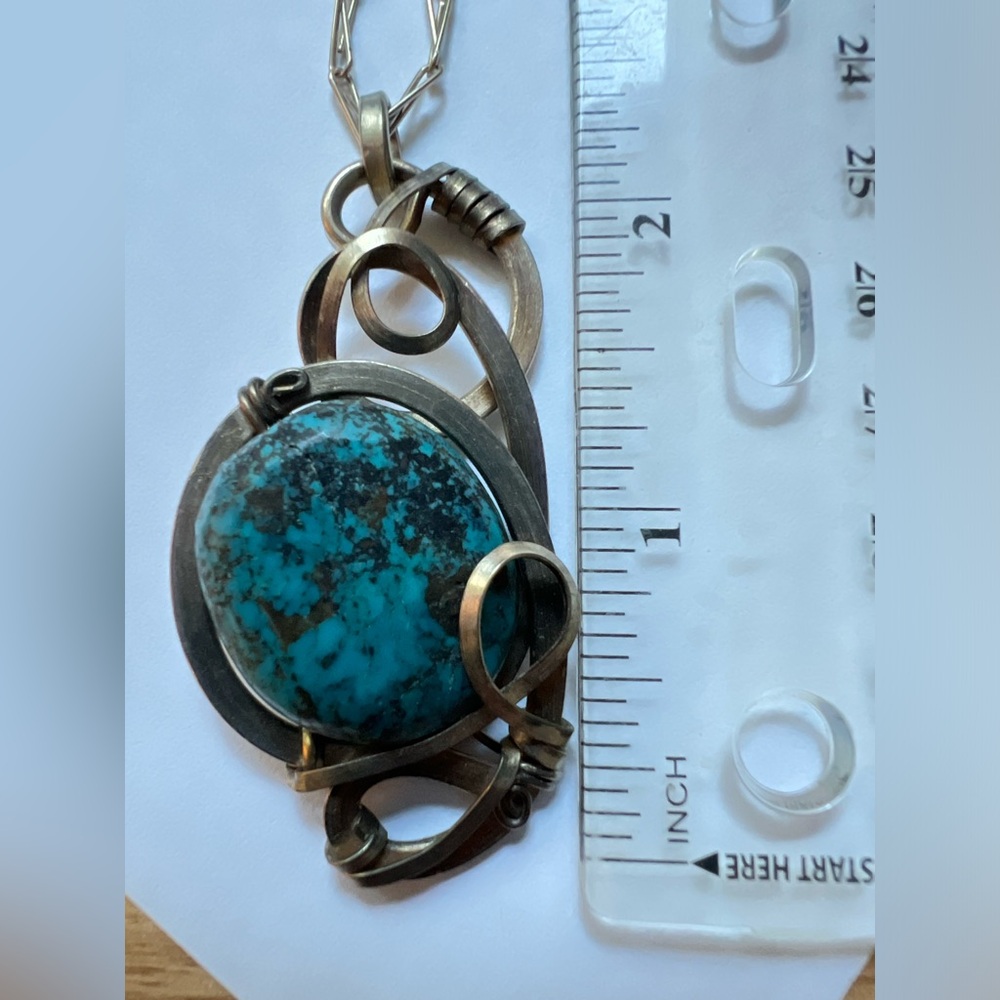 Artistic Wire Wrapped Stone Pendant Necklace - Silver & Turquoise Colored - Picture 9 of 12